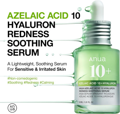 Azelaic Acid 10 Hyaluron Redness Soothing Serum, Facial Serum for Sensitive Skin, Hyaluronic Acid, Niacinamide, Spot Care, Natural Color, Vegan, Korean Skincare (30Ml/ 1.01 Fl Oz.)