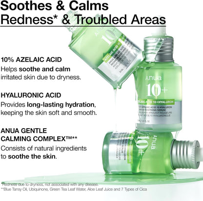 Azelaic Acid 10 Hyaluron Redness Soothing Serum, Facial Serum for Sensitive Skin, Hyaluronic Acid, Niacinamide, Spot Care, Natural Color, Vegan, Korean Skincare (30Ml/ 1.01 Fl Oz.)